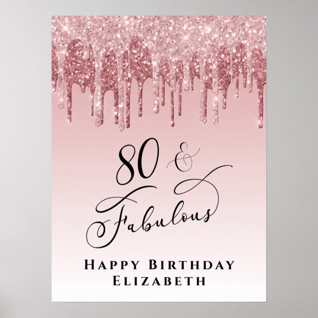 Pink Rose Gold Glitter 80th Birthday Party Poster (Front)