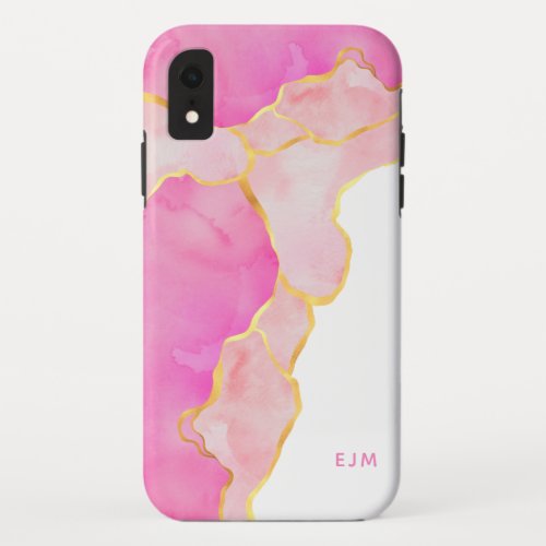 Pink Rose Gold Glitter Agate Marble Monogram iPhone XR Case
