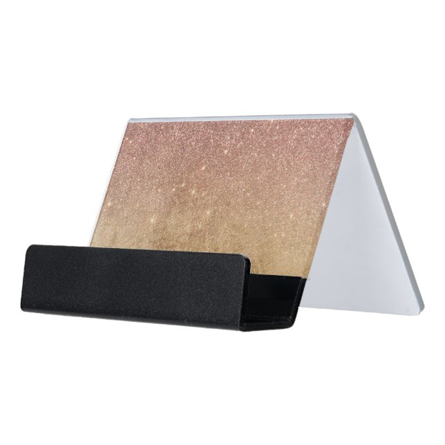 Pink Rose Gold Glitter and Gold Foil Mesh Desk Business Card Holder (Angled Front)