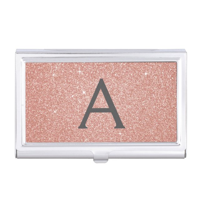Pink Rose Gold Glitter and Sparkle Monogram Business Card Case (Front)