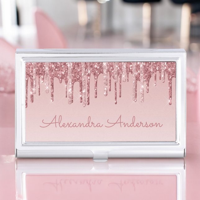 Pink Rose Gold Glitter and Sparkle Monogram Business Card Case (Creator Uploaded)