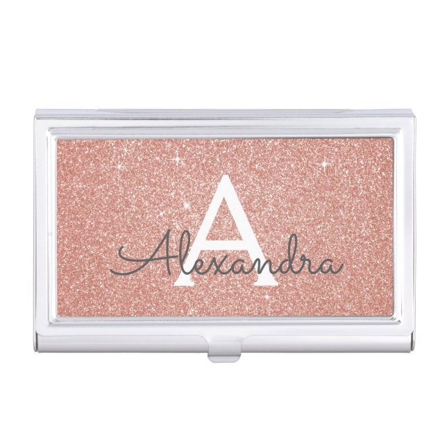 Pink Rose Gold Glitter and Sparkle Monogram Case For Business Cards (Front)
