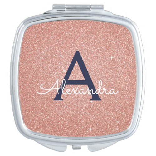 Pink Rose Gold Glitter and Sparkle Monogram Compact Mirror