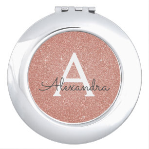 Pink Rose Gold Glitter and Sparkle Monogram Compact Mirror