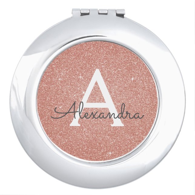 Pink Rose Gold Glitter and Sparkle Monogram Compact Mirror (Front)