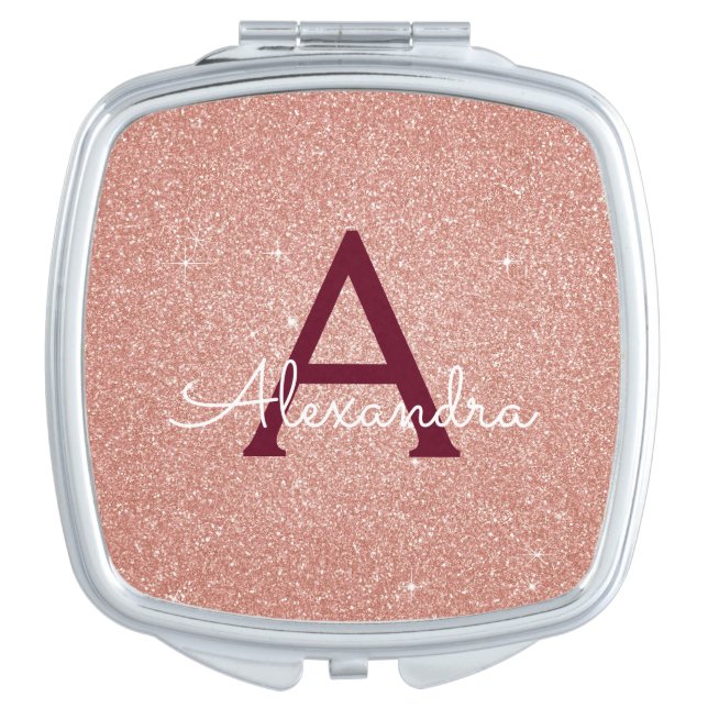 Pink Rose Gold Glitter and Sparkle Monogram Compact Mirror (Front)