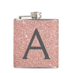 Pink Rose Gold Glitter and Sparkle Monogram Flask