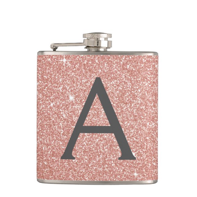 Pink Rose Gold Glitter and Sparkle Monogram Flask (Front)