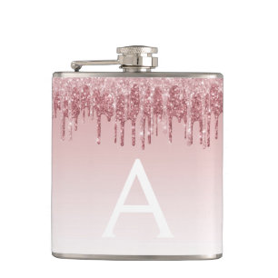Pink Rose Gold Glitter and Sparkle Monogram Flask