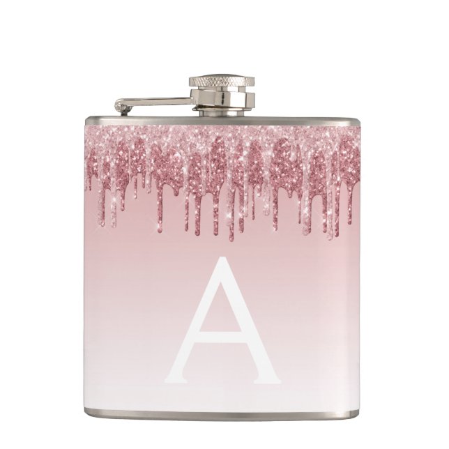 Pink Rose Gold Glitter and Sparkle Monogram Flask (Front)