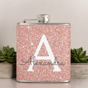 Pink Rose Gold Glitter and Sparkle Monogram Flask