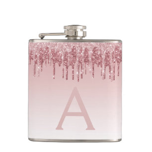 Pink Rose Gold Glitter and Sparkle Monogram Flask