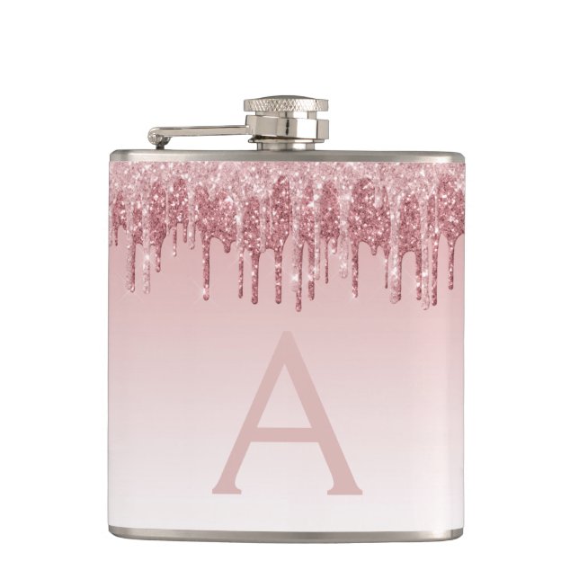 Pink Rose Gold Glitter and Sparkle Monogram Flask (Front)