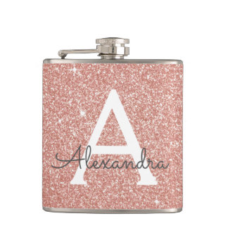 Pink Rose Gold Glitter and Sparkle Monogram Flask