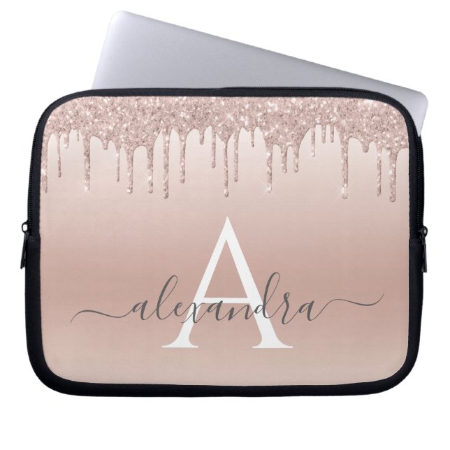 Pink Rose Gold Glitter and Sparkle Monogram Laptop Sleeve (Front)