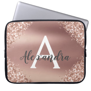 Pink Rose Gold Glitter and Sparkle Monogram Laptop Sleeve