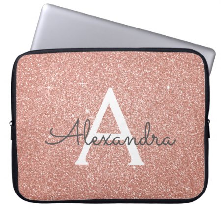Pink Rose Gold Glitter And Sparkle Monogram Laptop Sleeve