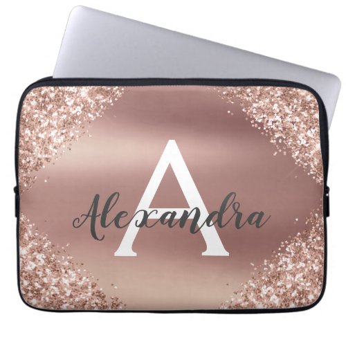 Pink Rose Gold Glitter and Sparkle Monogram Laptop Sleeve