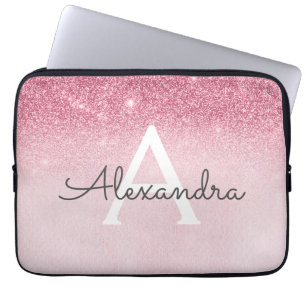 Pink Rose Gold Glitter and Sparkle Monogram Laptop Sleeve