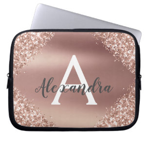 Pink Rose Gold Glitter and Sparkle Monogram Laptop Sleeve