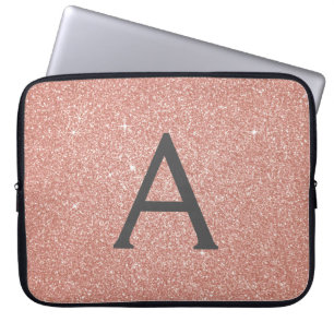 Pink Rose Gold Glitter and Sparkle Monogram Laptop Sleeve