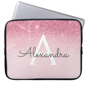 Pink Rose Gold Glitter and Sparkle Monogram Laptop Sleeve