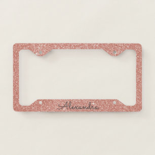 Pink Rose Gold Glitter and Sparkle Monogram License Plate Frame