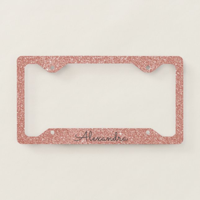 Pink Rose Gold Glitter and Sparkle Monogram License Plate Frame (Front)