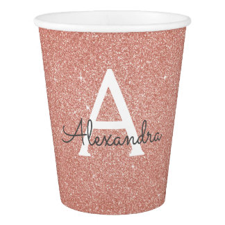 Pink Rose Gold Glitter and Sparkle Monogram Paper Cup