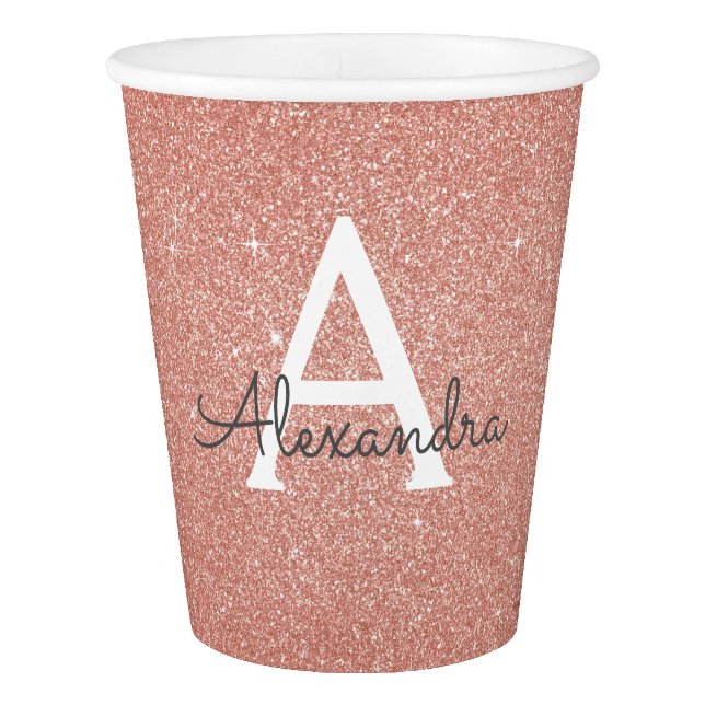 Pink Rose Gold Glitter and Sparkle Monogram Paper Cup (Front)