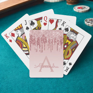 Pink Rose Gold Glitter and Sparkle Monogram Poker Cards