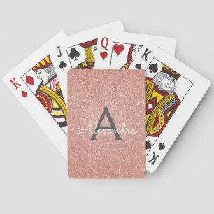 Pink Rose Gold Glitter and Sparkle Monogram Poker Cards