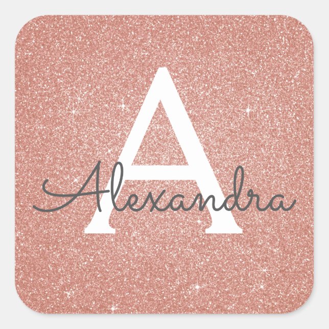 Pink Rose Gold Glitter and Sparkle Monogram Square Sticker (Front)