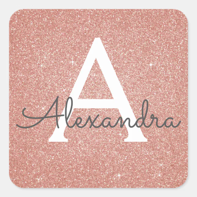 Pink Rose Gold Glitter and Sparkle Monogram Square Sticker | Zazzle