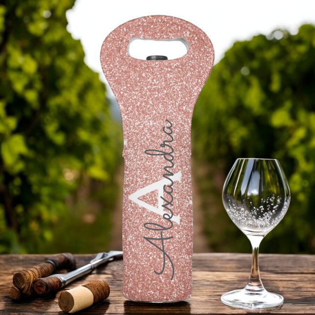 Pink Rose Gold Glitter and Sparkle Monogram Wine Bag (Creator Uploaded)