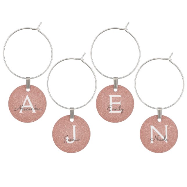 Pink Rose Gold Glitter and Sparkle Monogram Wine Charm (Staggered)