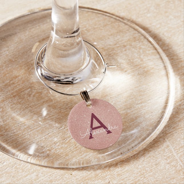 Pink Rose Gold Glitter and Sparkle Monogram Wine Charm (In Situ)