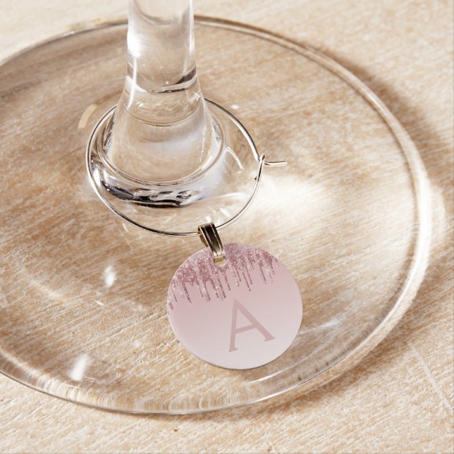 Pink Rose Gold Glitter and Sparkle Monogram Wine Charm (In Situ)