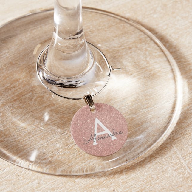 Pink Rose Gold Glitter and Sparkle Monogram Wine Glass Charm (In Situ)