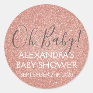 Pink Rose Gold Glitter and Sparkle Oh Baby! Classic Round Sticker