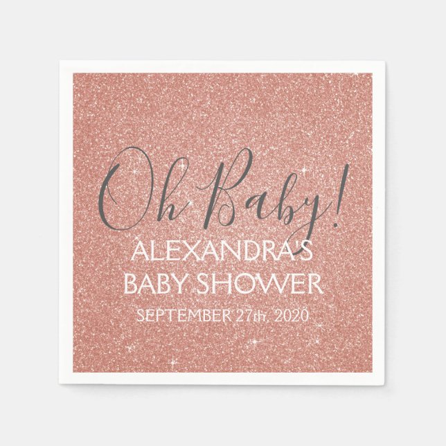 Pink Rose Gold Glitter and Sparkle Oh Baby! Paper Napkins (Front)