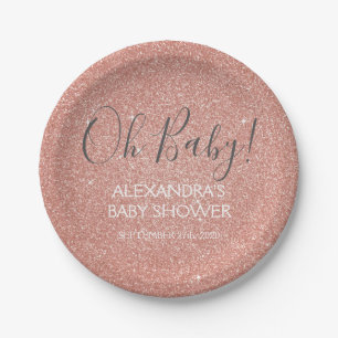 Pink Rose Gold Glitter and Sparkle Oh Baby! Paper Plates