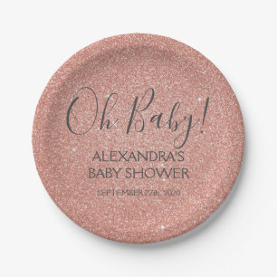 Pink Rose Gold Glitter and Sparkle Oh Baby! Paper Plates