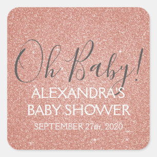 Pink Rose Gold Glitter and Sparkle Oh Baby! Square Sticker