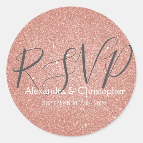 Pink Rose Gold Glitter and Sparkle RSVP Classic Round Sticker