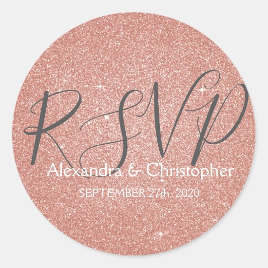 Pink Rose Gold Glitter and Sparkle RSVP Classic Round Sticker