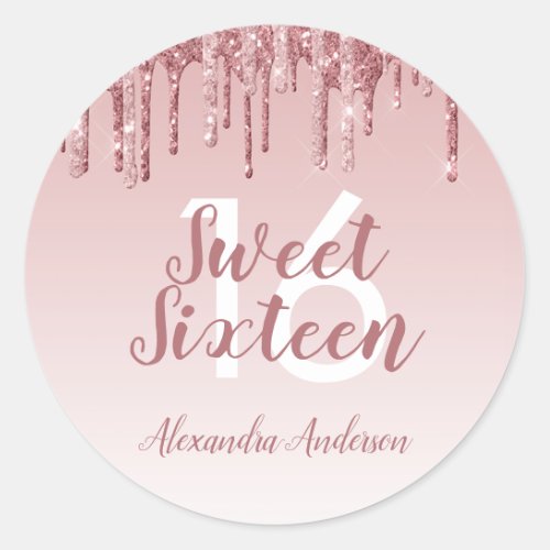 Pink Rose Gold Glitter and Sparkle Sweet 16 Classic Round Sticker