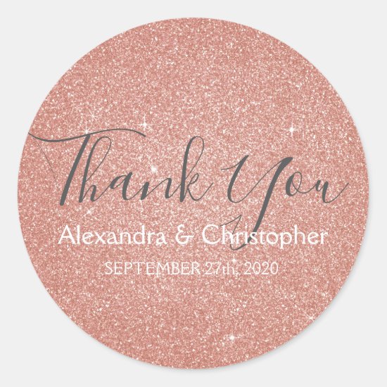 Pink Rose Gold Glitter and Sparkle Thank You Classic Round Sticker