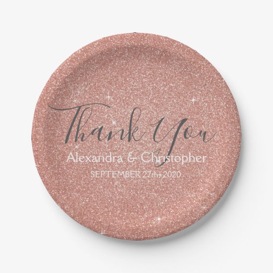 Pink Rose Gold Glitter and Sparkle Thank You Paper Plate