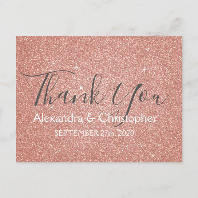 Pink Rose Gold Glitter and Sparkle Thank You Postcard | Zazzle